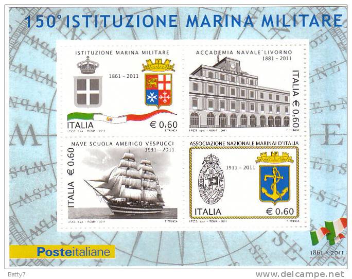 2011 ITALIA 150° UNITA' ITALIA 6^ SERIE MARINA MILITARE BF INTEGRO - Blokken & Velletjes