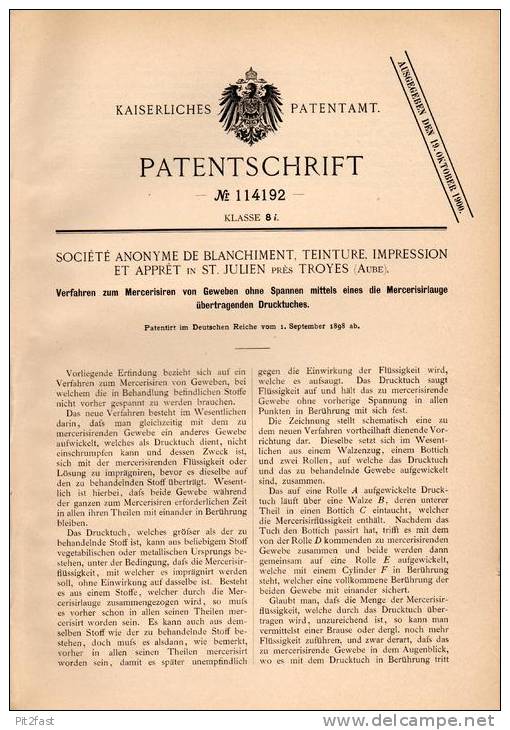 Original Patentschrift - Société De Teinture Et Apprét In Saint Julien Pres Troyes , Aube , 1898 , Gewebe - Mercerisien - Sonstige & Ohne Zuordnung