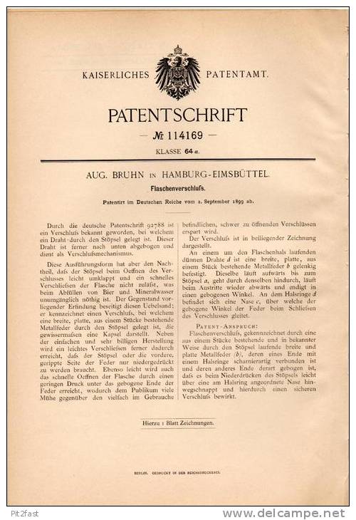 Original Patentschrift - Aug. Bruhn In Hamburg - Eimsbüttel , 1899 , Flaschenverschluß , Flaschen , Bierflasche !!! - Bier