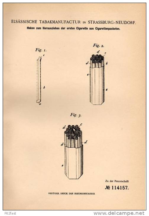Original Patentschrift - Ellsässische Tabak - Manufactur In Strassburg - Neudorf , 1900 , Haken Für Cigarette !!! - Contenitore Di Sigari