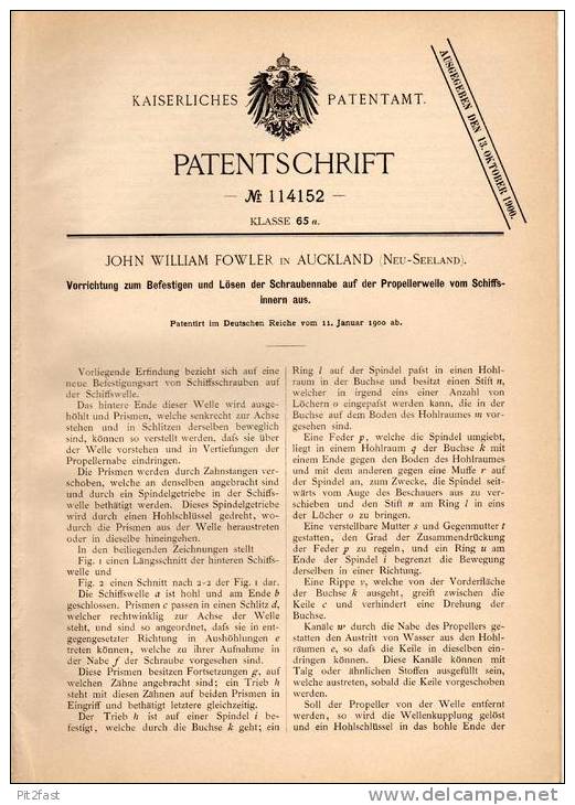 Original Patentschrift - J. Fowler In Auckland , Neuseeland , 1900 , Vorrichtung Für Propellerwellen Von Schiffen !!! - Autres & Non Classés