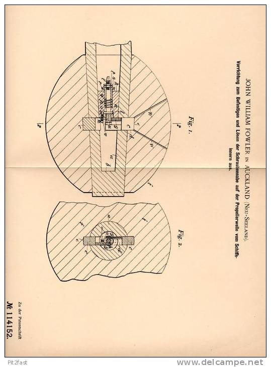 Original Patentschrift - J. Fowler In Auckland , Neuseeland , 1900 , Vorrichtung Für Propellerwellen Von Schiffen !!! - Sonstige & Ohne Zuordnung