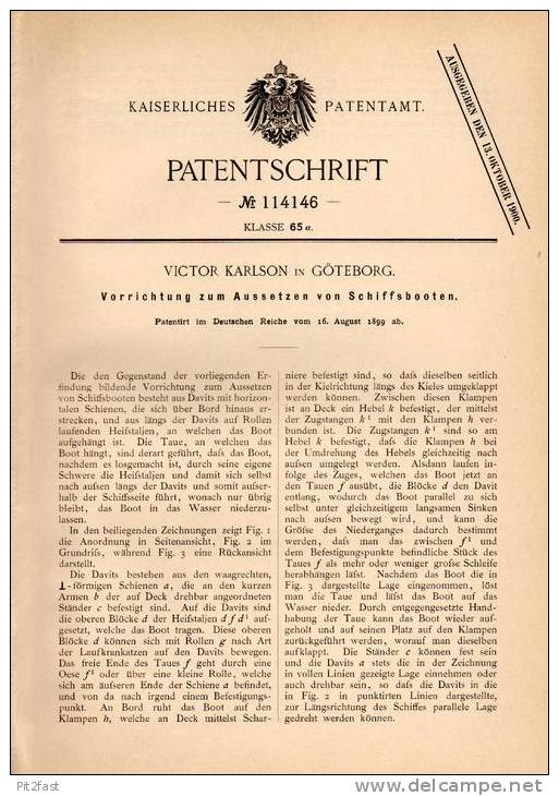 Original Patentschrift - V. Karlson In Göteborg , 1899 , Aussetzen Von Schiffsbooten , Schiff , Boot , Rettungsboot !!! - Other & Unclassified