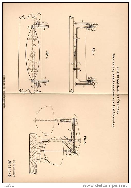 Original Patentschrift - V. Karlson In Göteborg , 1899 , Aussetzen Von Schiffsbooten , Schiff , Boot , Rettungsboot !!! - Sonstige & Ohne Zuordnung
