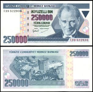 Turkey #211, 250.000 Lira, L.1970 (1992), UNC - Turkey