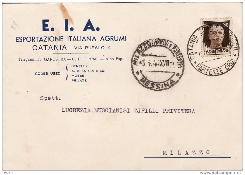 CATANIA / MILAZZO 3.4.1940 - Card_ Cartolina Pubbl. "Espor. Italiana Agrumi " - Cent. 30 Isolato - Publicité