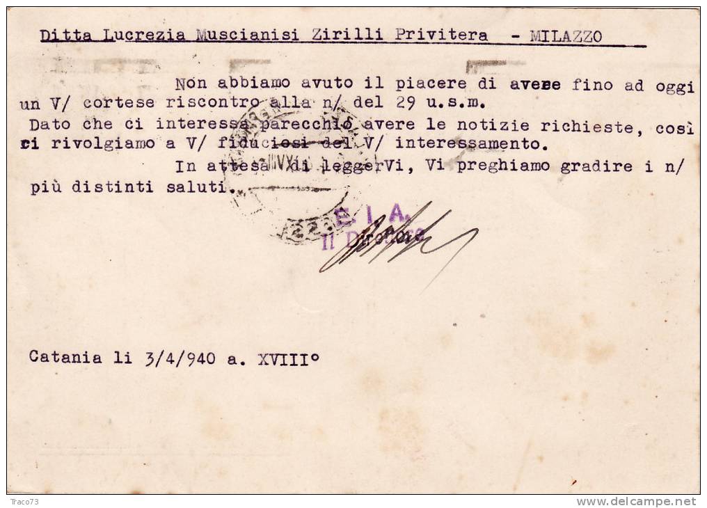 CATANIA / MILAZZO 3.4.1940 - Card_ Cartolina Pubbl. "Espor. Italiana Agrumi " - Cent. 30 Isolato - Publicité
