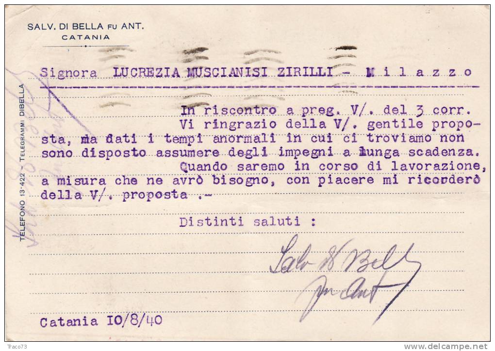 CATANIA / MILAZZO 10.8.1940 - Card_ Cartolina Pubbl. "Salvatore DI BELLA " - Cent. 25 + 5 - Publicité