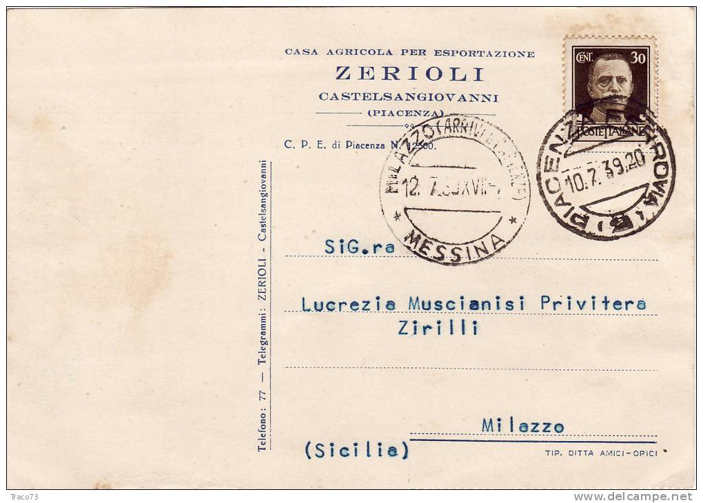 CASTELSANGIOVANNI / MILAZZO 10.7.1939 - Card_ Cartolina Pubbl. "Casa Agricola Per Esport. ZERIOLI " - Cent. 30 Isolato - Publicité