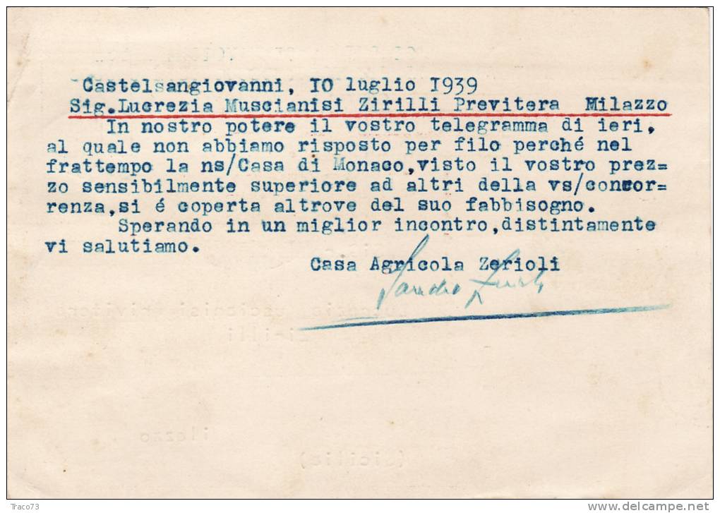 CASTELSANGIOVANNI / MILAZZO 10.7.1939 - Card_ Cartolina Pubbl. "Casa Agricola Per Esport. ZERIOLI " - Cent. 30 Isolato - Publicité