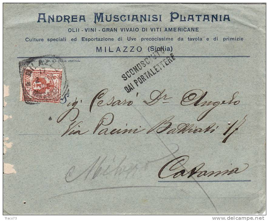 MILAZZO / CATANIA  17.2.1913 - Cover_ Lettera Pubbl. Con Listino " Andrea MUSCIANISI PLATANI - Olii_Vini -" - Cent. 2 - Reclame