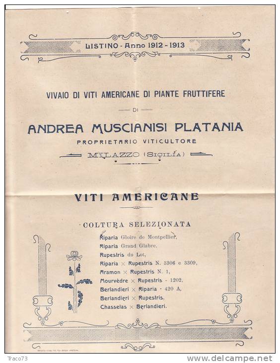 MILAZZO / CATANIA  17.2.1913 - Cover_ Lettera Pubbl. Con Listino " Andrea MUSCIANISI PLATANI - Olii_Vini -" - Cent. 2 - Publicité