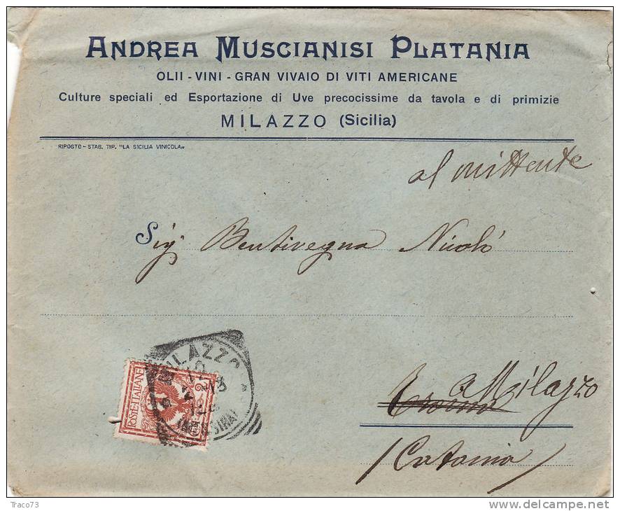 MILAZZO / CATANIA  12.2.1913 - Cover_ Lettera Pubbl. Con Listino " Andrea MUSCIANISI PLATANI - Olii_Vini -" - Cent. 2 - Reclame