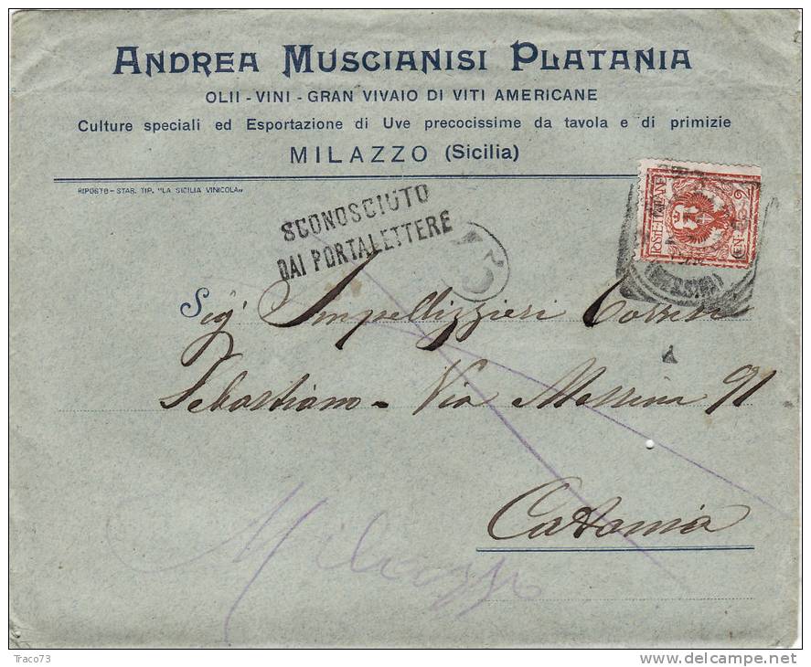 MILAZZO / CATANIA  12.2.1913 - Cover_ Lettera Pubbl. Con Listino " Andrea MUSCIANISI PLATANI - Olii_Vini -" - Cent. 2 - Publicité