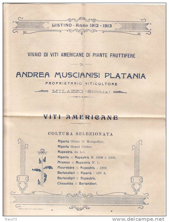 MILAZZO / CATANIA  12.2.1913 - Cover_ Lettera Pubbl. Con Listino " Andrea MUSCIANISI PLATANI - Olii_Vini -" - Cent. 2 - Publicité