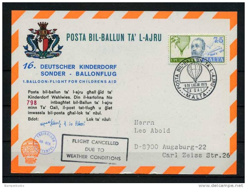 1975 Malta Germany Charity Balloon Flight Map Postcard DKSB16 - Malta