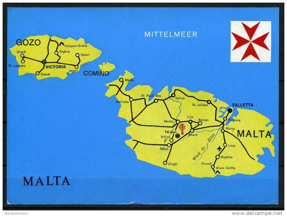 1975 Malta Germany Charity Balloon Flight Map Postcard DKSB16 - Malta