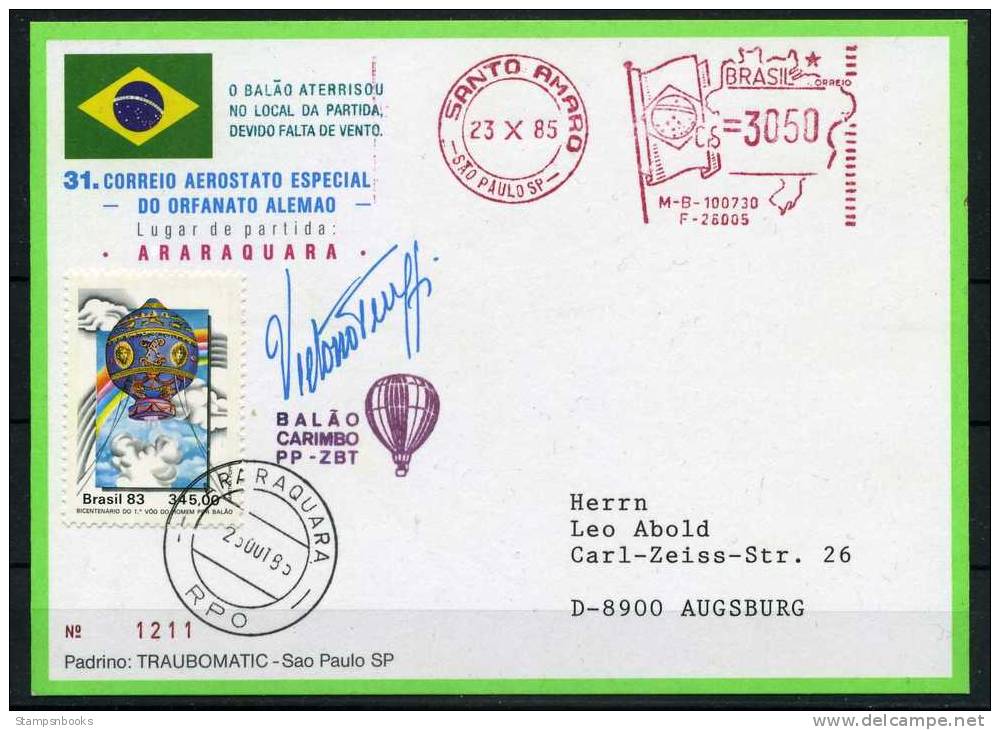 1985 Brazil Sao Paulo Charity Balloon Flight Meter Mark Postcard DKSB31 - Other & Unclassified