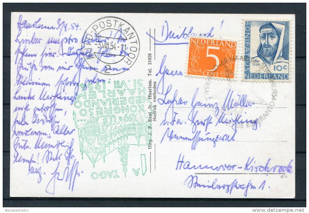 1954 Netherlands Harlem Esperanto Congress Postcard - Auto-Postkantoor Cancel - Esperanto