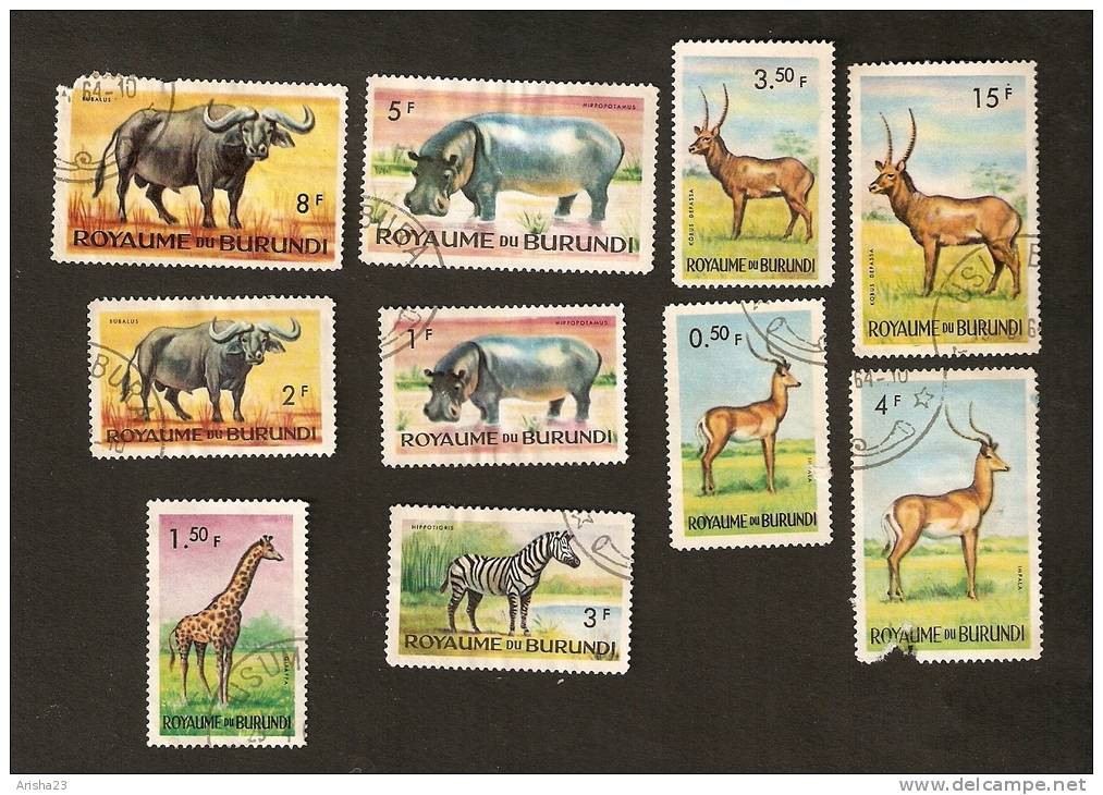 Burundi, Set Of 10 - 1968 - ANIMALS - FAUNA - Zebra - Giraffe - Hippo Hippopotamus Etc. - Gebraucht