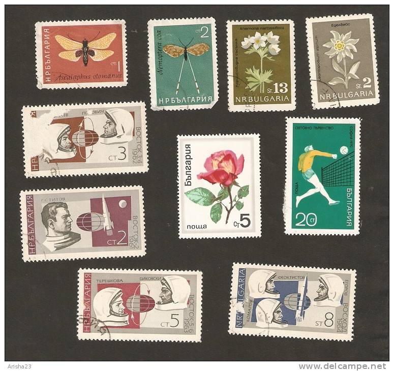 6-2. Bulgaria, LOT Set Of 10 - 1961 1962 SPACE 1964 INSECTS Fauna 1963 Nature Protection Flowers Flora 1970 Sport Rose - Usados