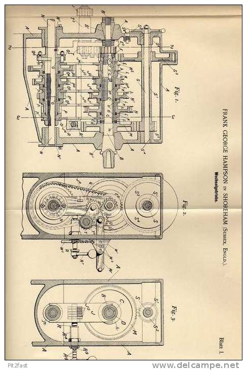 Original Patentschrift - F. Hampson In Shoreham , Sussex , 1898 , Getriebe , Wechselgetriebe Für Automobile !!! - Cars