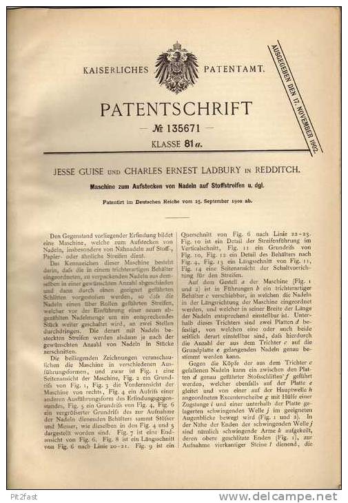 Original Patentschrift - J. Guise Und C. Ladbury In Redditch , 1900 ., Maschine Für Nadeln Auf Stoffstreifen !!! - Machines