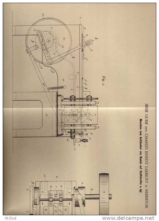 Original Patentschrift - J. Guise Und C. Ladbury In Redditch , 1900 ., Maschine Für Nadeln Auf Stoffstreifen !!! - Machines