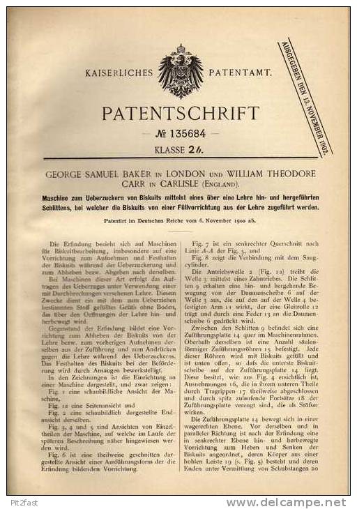Original Patentschrift - W. Carr In Carlisle Und London , 1900 , Biskuit - Maschine , Biscuit , Conditor , Bäckerei !!! - Tools