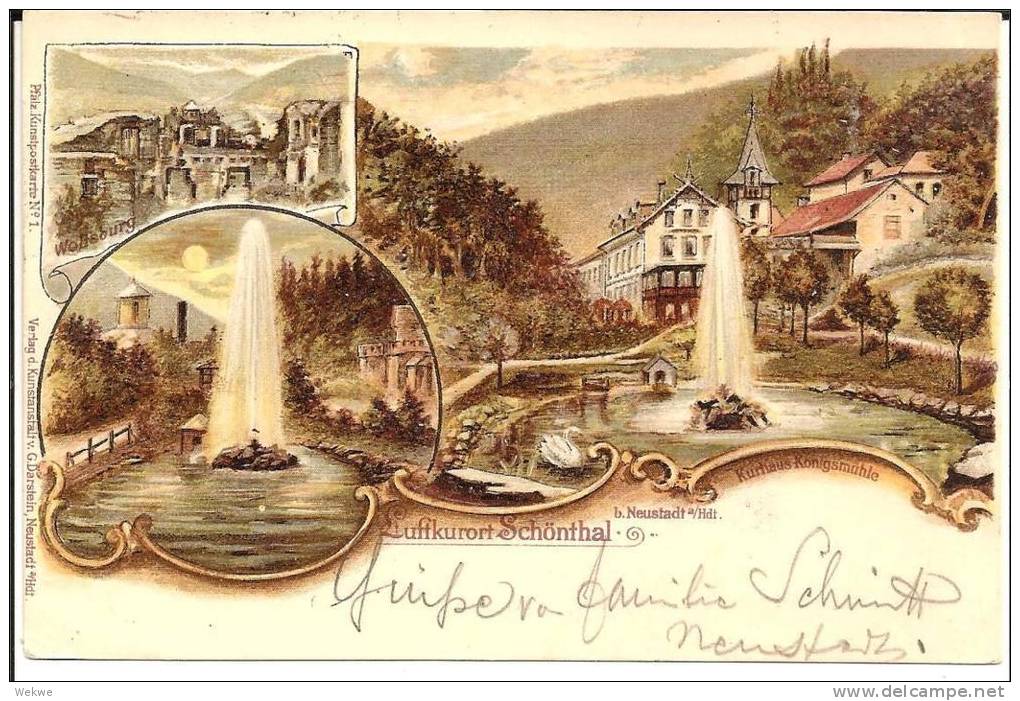 BAY033 /  BAYERN - BahnpostWorms-Weissenburg(Els.) Auf Litho-Mehrbild Von Schoenthal Bei Neustadt(Hardt) - Covers & Documents