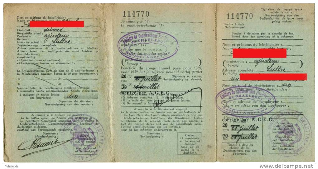 Carte De Réduction - Vacances Populaires - 1939 - Cachets Commune De Luttre, Poste Et ACEC De Charleroi    (2563) - Autres & Non Classés