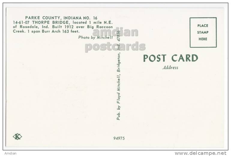 USA, PARKE COUNTY INDIANA, ROSEDALE IN - No 16 COVERED BRIDGE~THORPE BRIDGE 1960s Unused Vintage Postcard  [c4158] - Otros & Sin Clasificación
