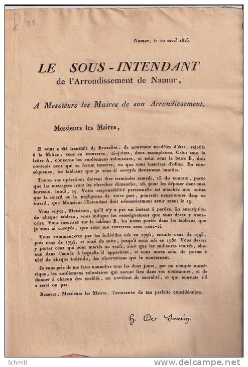 Namur Le 10 Avril 1815:Avis Au Sous Intendant De Namur Et Les Maires De L´arrondissement - Affiches