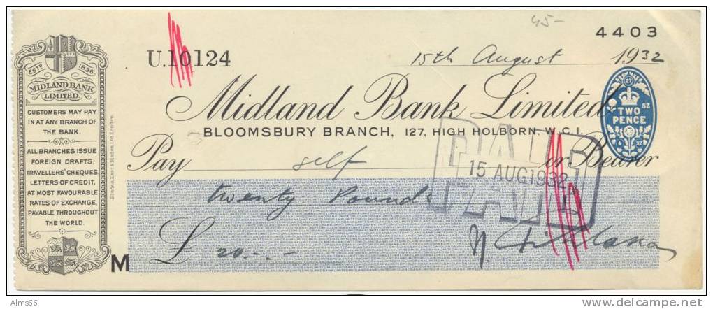Midland Bank Cheque 20 Pounds 1932 - Sonstige & Ohne Zuordnung