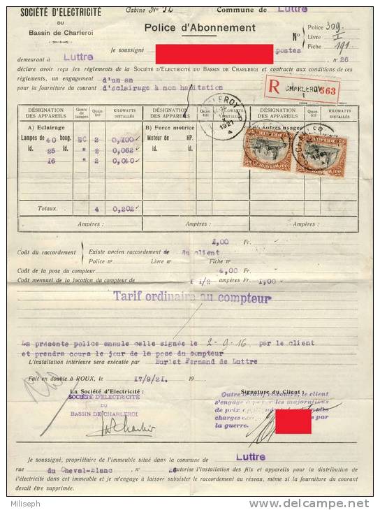 Police D'Abonnement De La Société D'Electricité Du Bassin De Charleroi - LUTTRE - 1921  (2568) - Électricité & Gaz