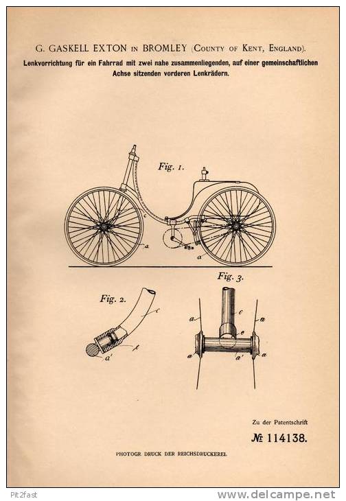 Original Patentschrift - G. Gaskell In Bromley , Kent , 1898 , Steering For Bicycle With Two Steering Wheels , London !! - Other & Unclassified