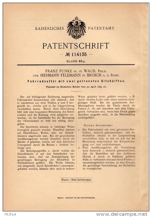 Original Patentschrift - F. Funke In Wald , Rhld. Und Broich A.d. Ruhr , 1899 , Fahrradsattel , Sattel Für Fahrrad !!! - Historische Dokumente