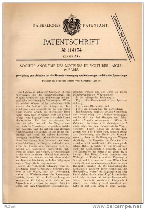 Original Patentschrift - Société Des Moteurs " Aigle " In Paris , 1900 , Sperrstange Für Motorwagen , Automobile !!! - KFZ