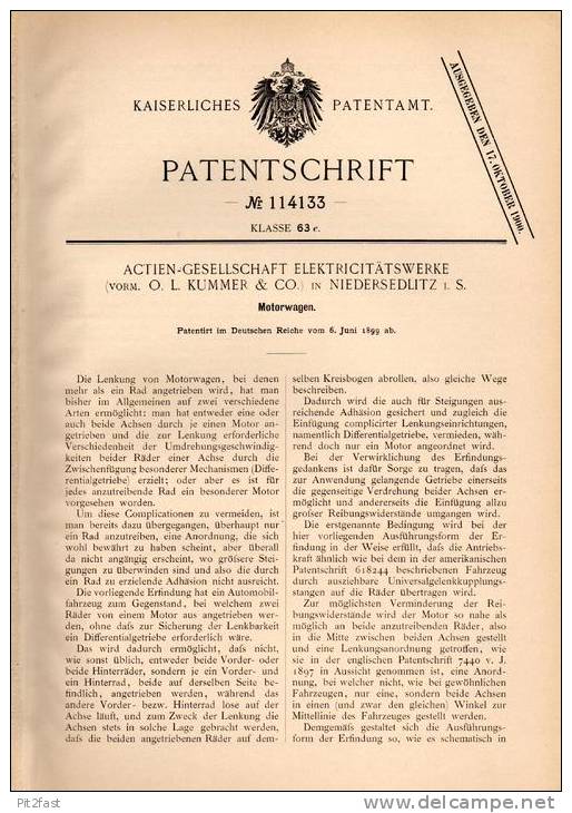 Original Patentschrift - O.L. Kummer & Co In Niedersedlitz I.S. 1899 , Motorwagen , Automobile !!! - KFZ