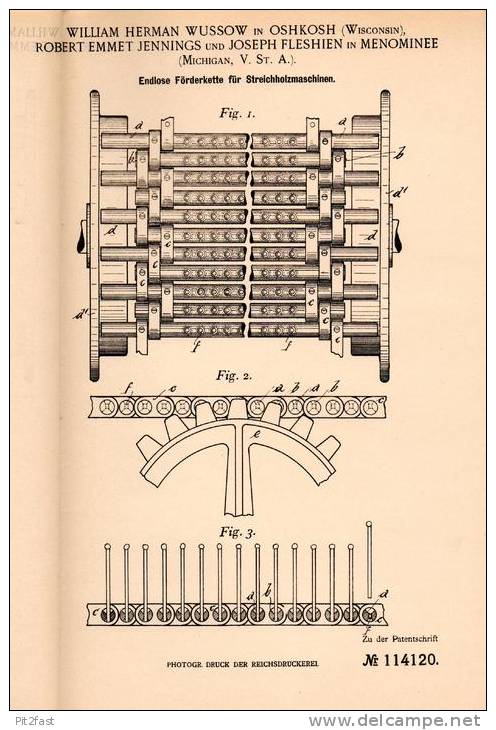 Original Patentschrift - W. Wussow In Oshkosh Und Menominee , USA , 1899 , Streichholz - Maschine , Streichhölzer !!! - Tools