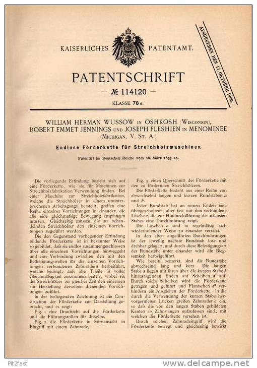 Original Patentschrift - W. Wussow In Oshkosh Und Menominee , USA , 1899 , Streichholz - Maschine , Streichhölzer !!! - Tools