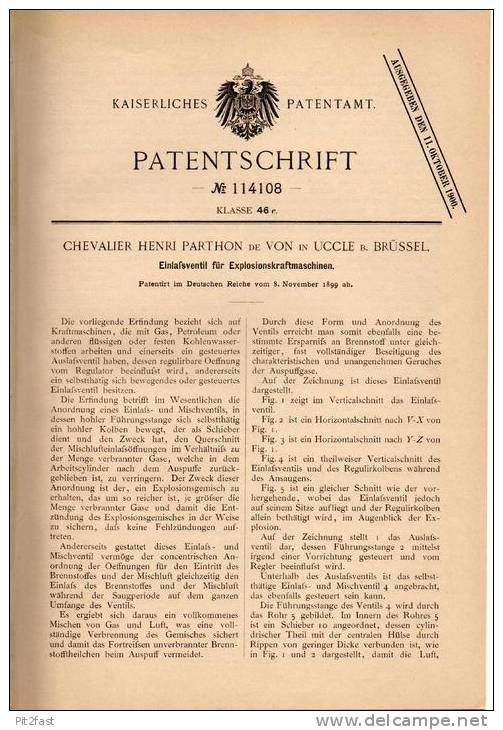 Original Patentschrift - Chevalier Parton De Von In Uccle B. Brüssel , 1899 , Ventil Für Motor , Automobile !!! - Cars