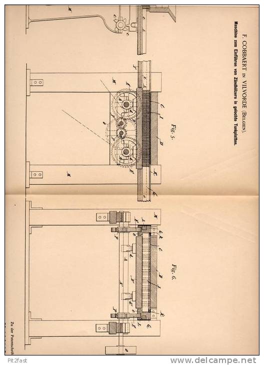 Original Patentschrift - F. Cobbaert In Vilvoorde , 1899 , Zündholz - Maschine , Streichholz , Streichhölzer !!! - Machines