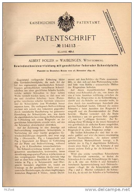 Original Patentschrift - A. Roller In Waiblingen , Württ., 1899 , Gewindeschneider , Kluppe !!! - Antike Werkzeuge