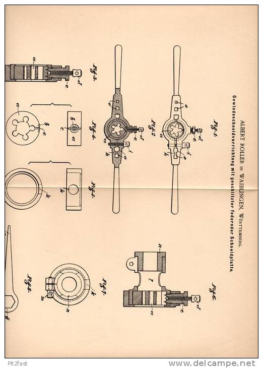 Original Patentschrift - A. Roller In Waiblingen , Württ., 1899 , Gewindeschneider , Kluppe !!! - Antike Werkzeuge