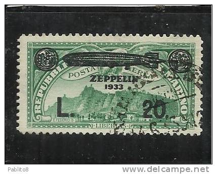 SAN MARINO 1933 POSTA AEREA AIR MAIL ZEPPELIN LIRE 20 SU 3 VERDE TIMBRATO USED - Luftpost