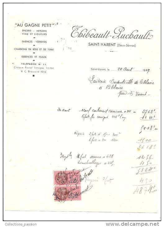 Facture, Epicerie, Mercerie... - Thibeault-Puchault  - Saint-varent (79) - 1939 - Food