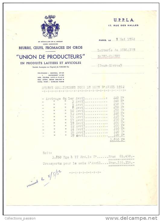 Facture, Union De Producteurs - Deux-Sèvres) - 1952 - Agricoltura