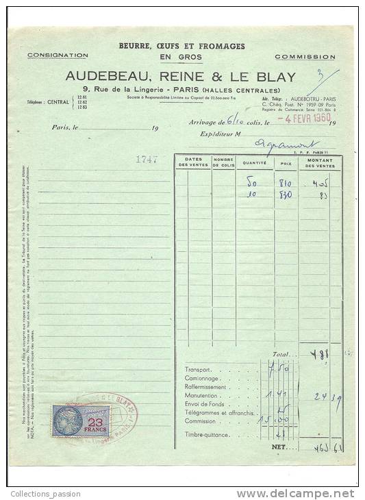 Facture, Audebeau, Reine &amp; Le Blay - Paris (75)  - 1960 - Alimentaire