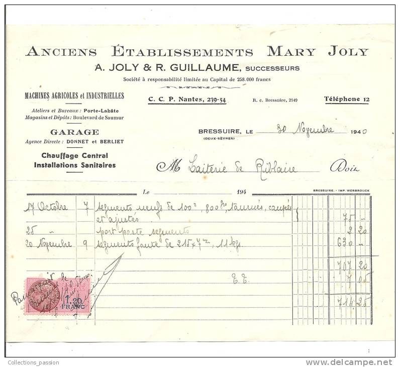 Facture, Machines Agricoles Et Industrielles - Garage - A. Joly &amp; R. Guillaume - Bressuire (79) - 1940 - Sonstige & Ohne Zuordnung